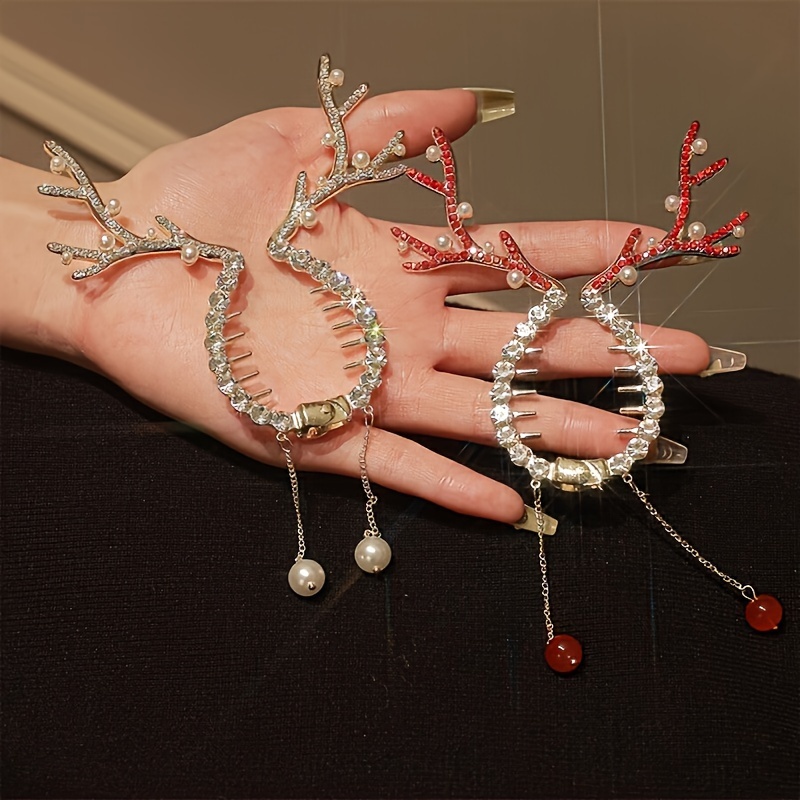✨🦌 Sparkling Reindeer Antler Hair Clips with Pearls – Festive Holiday Hair Accessories