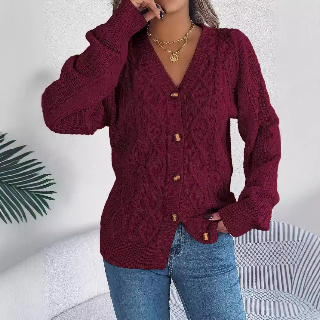 V-neck Lantern Sleeve Twist Button Sweater Coat for Women | Stylish Knitwear