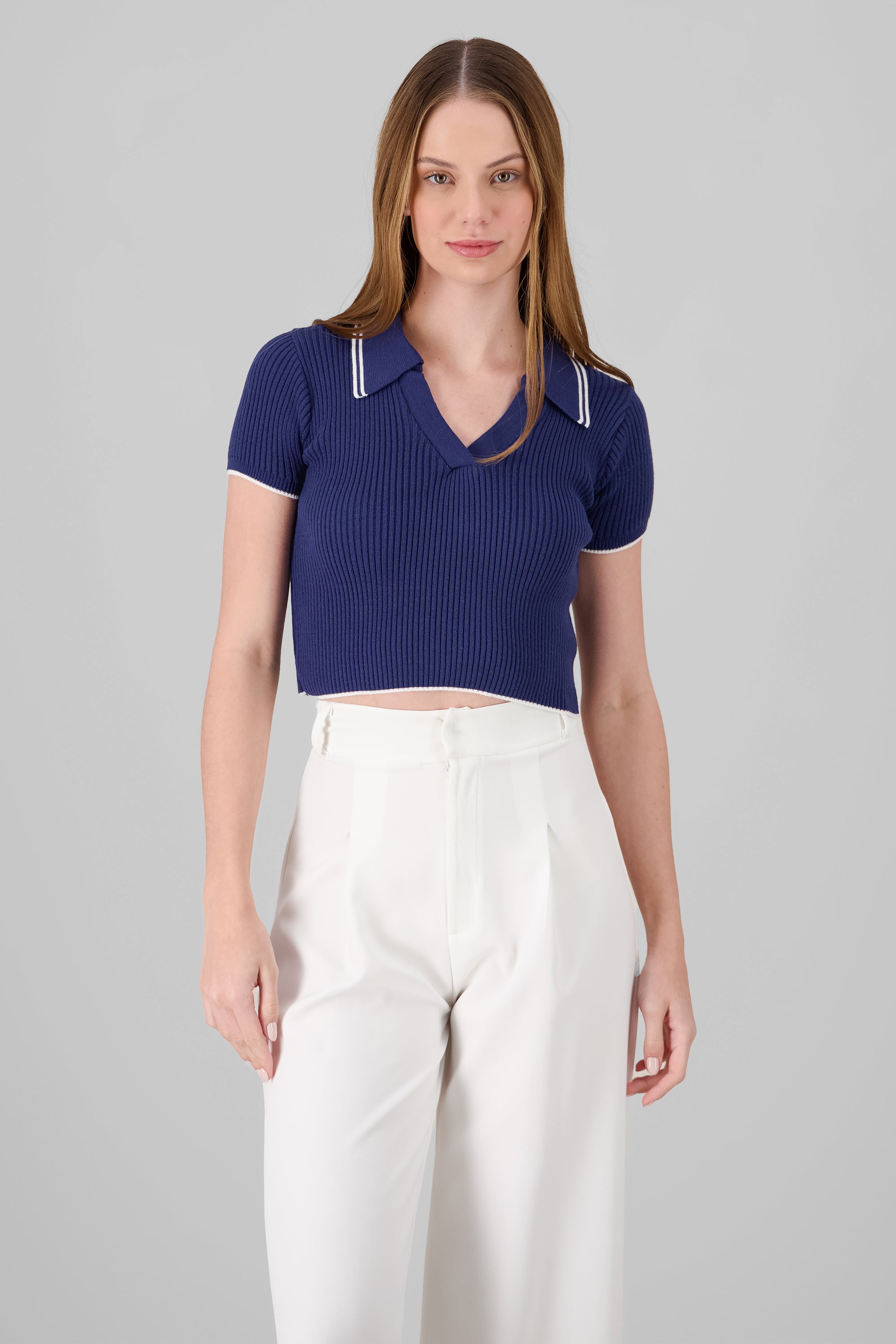 ColorContrast Polo Neck Crop Top
