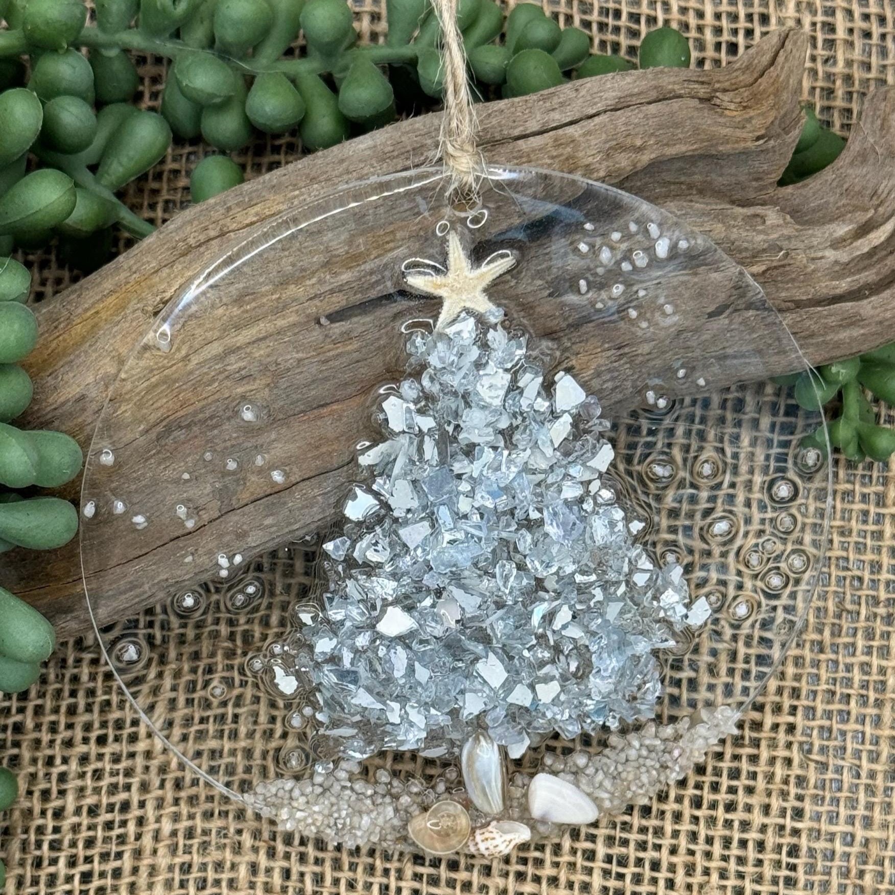Handcrafted Starfish & Crushed Glass Christmas Tree Suncatcher