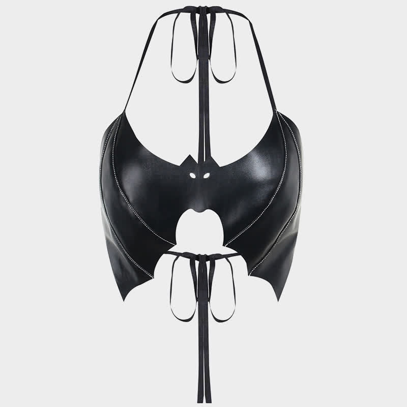 Bat Pattern PU Leather Lace Up Top