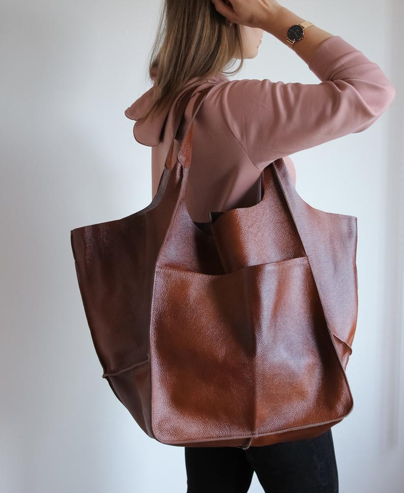 COGNAC LEATHER TOTE bag, Slouchy Tote, Cognac Handbag for Women, Every Day Bag, Women leather bag, Weekender Oversized bag