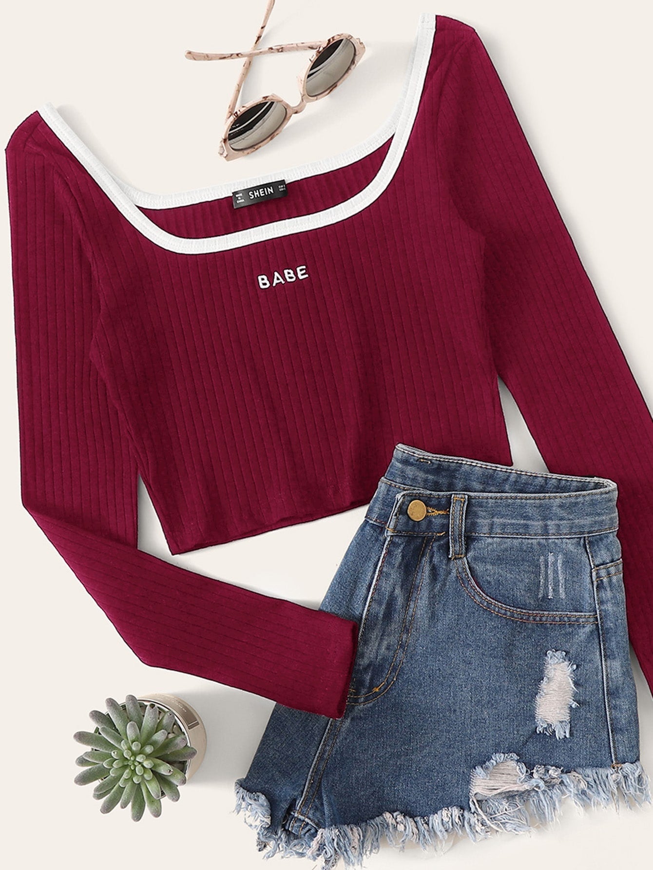 SHEIN Contrast Trim Embroidered Letter Rib-knit Top