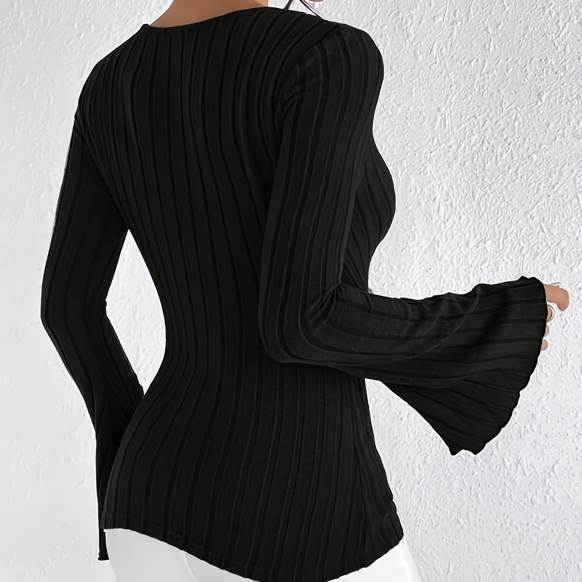 V-Neck T-Shirt with Brushed Sunken Stripe and Flared Sleeves
