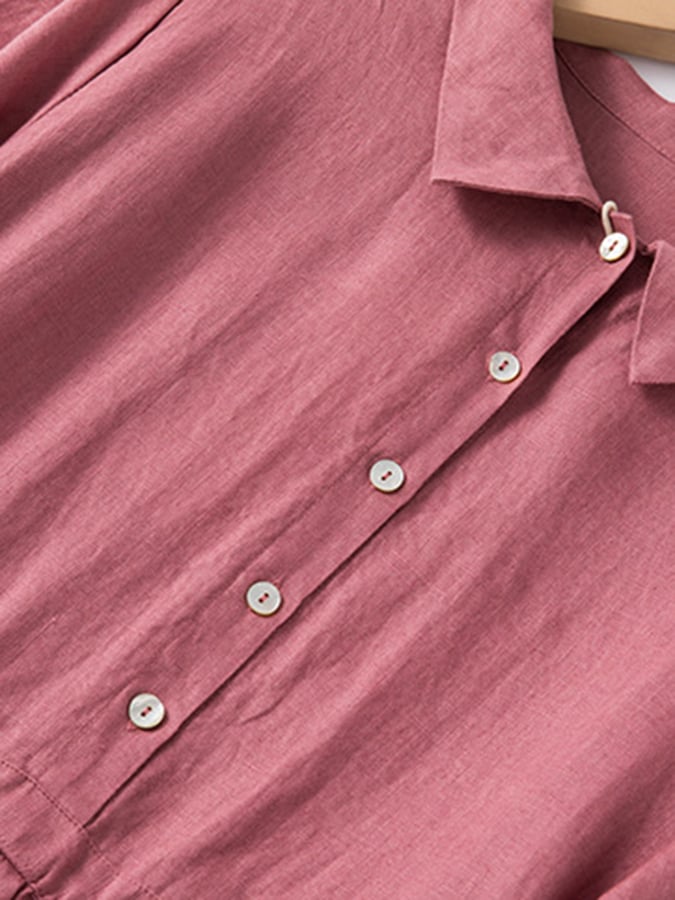 Women's Solid Color Short-Sleeved Shirt Collar Artistic Retro Cotton And Linen Casual Dress