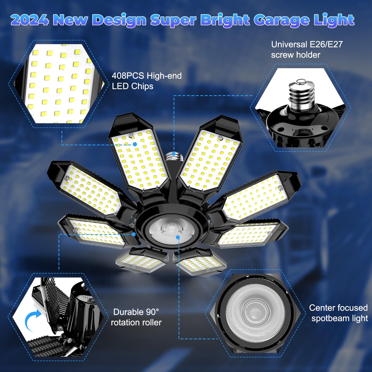 250W 25000LM Garage LED Light with 8+1 Panels, Garage LED Ceiling Lights 6500K Daylight, Deformable E26/E27 Screw in Garage Light for Shop Warehouse Basement Attic