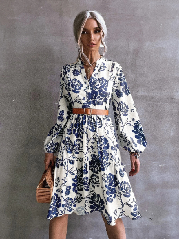 Autumn new style women's elegant temperament, elegant wind lapel long-sleeved floral midi dress