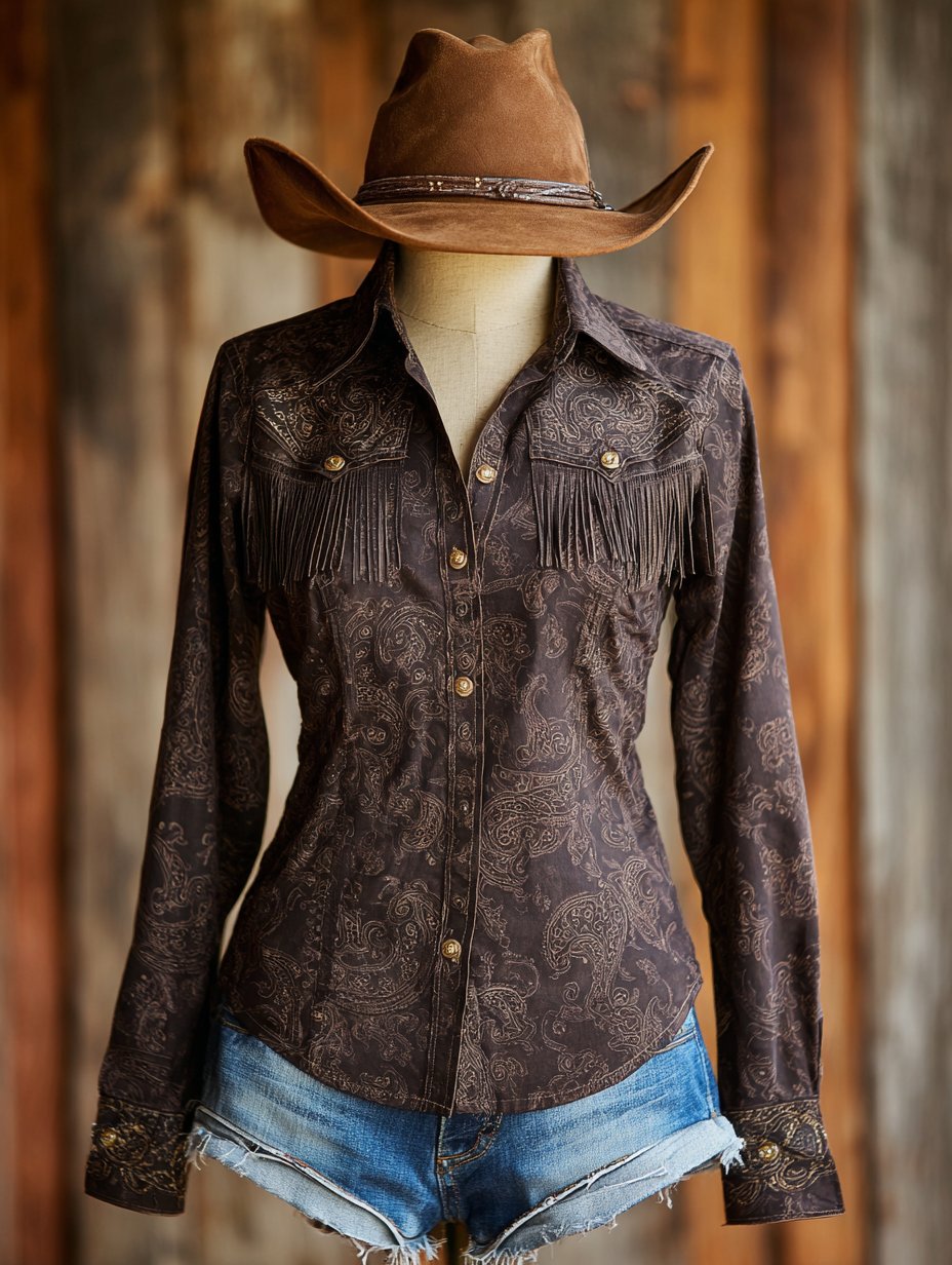 Women's Western Vintage Tassel Floral Print Western Long Sleeve Shirt