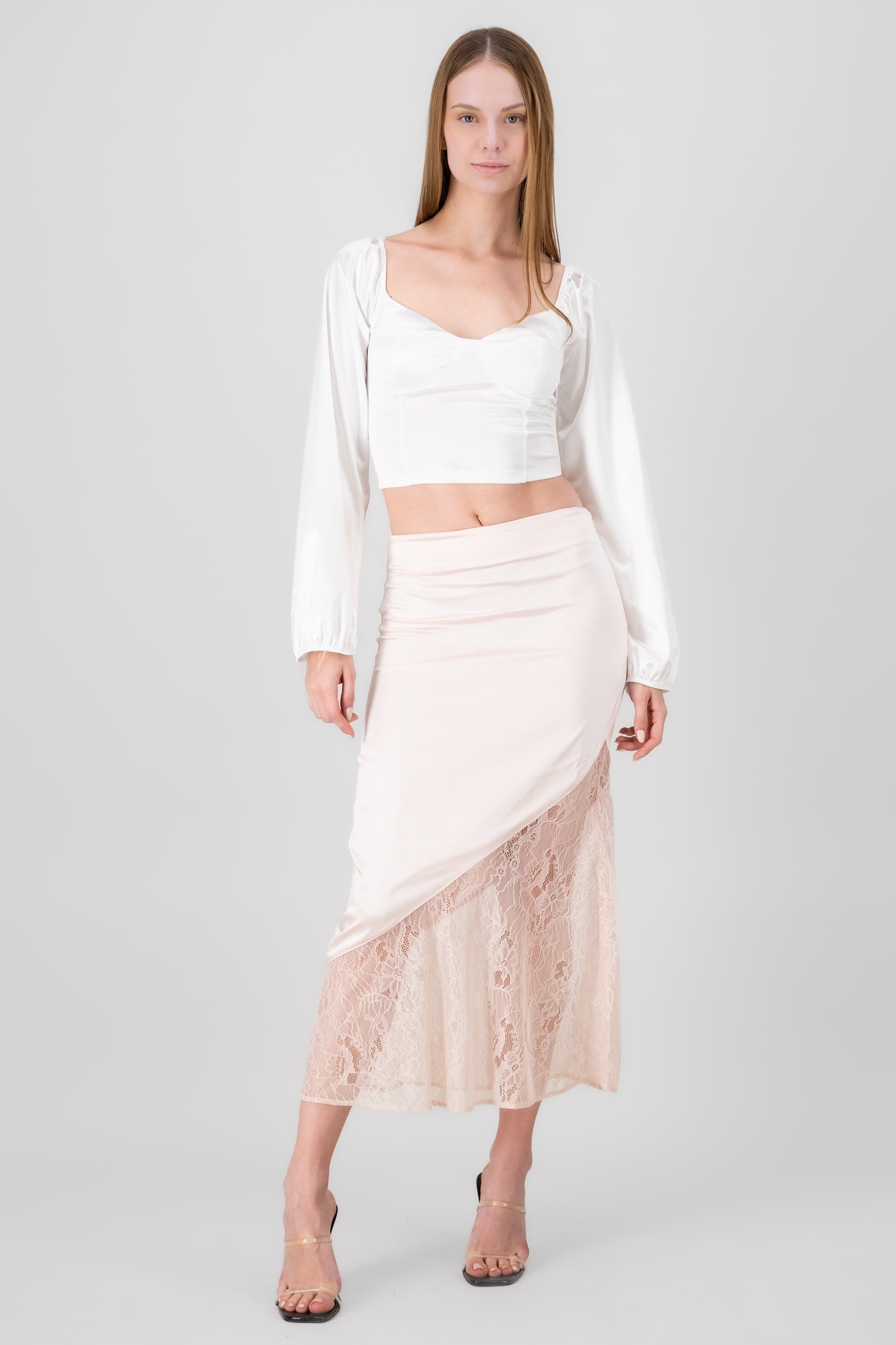 Midi Satin Skirt With Lace