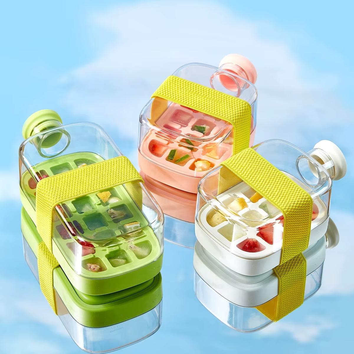 2-in-1 Ice Cube Water Bottle - Freeze & Sip with Touch-Free Release with Lid, Straw & Ice Bin