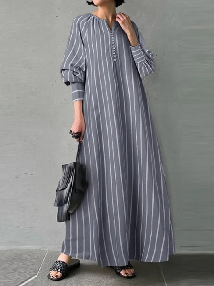 Vintage Stripes V Neck Long Sleeve Maxi Dress