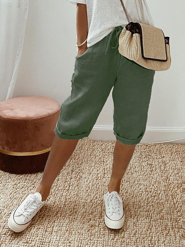 Solid Color Side Pockets Drawstring Casual Pants
