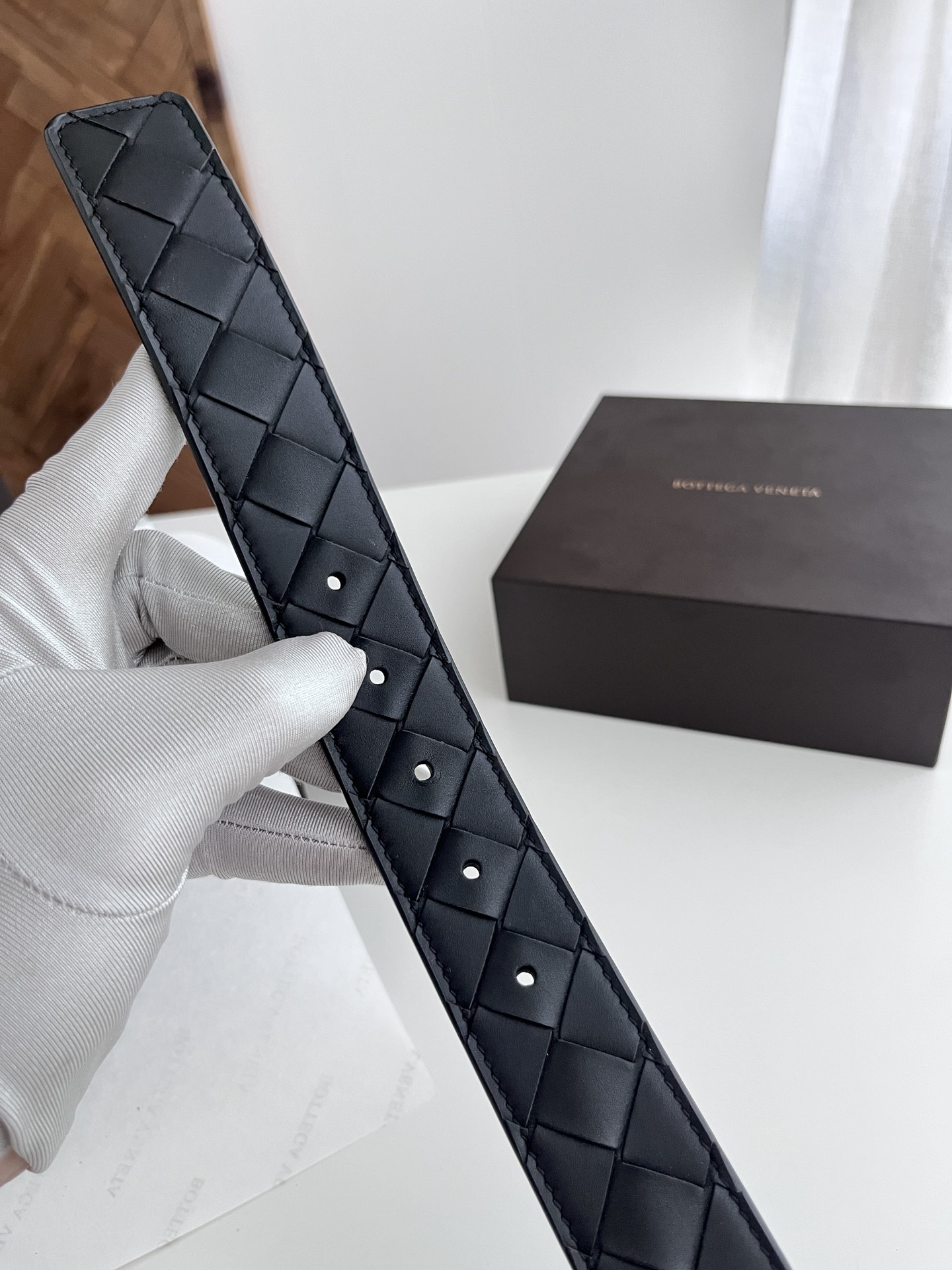 Bottega Veneta woven leather belt with rotating pin buckle, 3.5cm wide