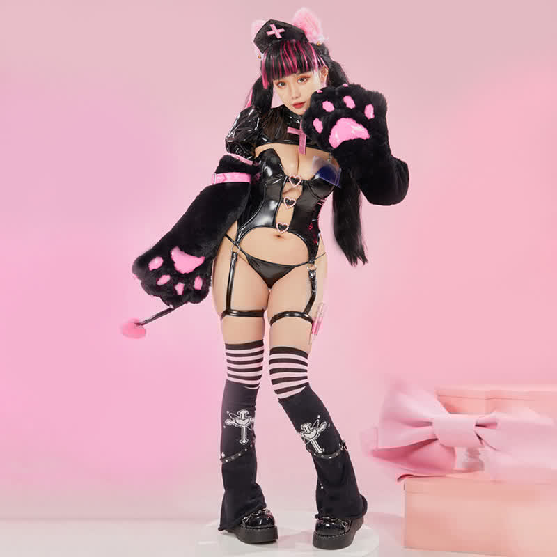 Cosplay Nurse Cat Paw Hollow Out PU Lingerie Set