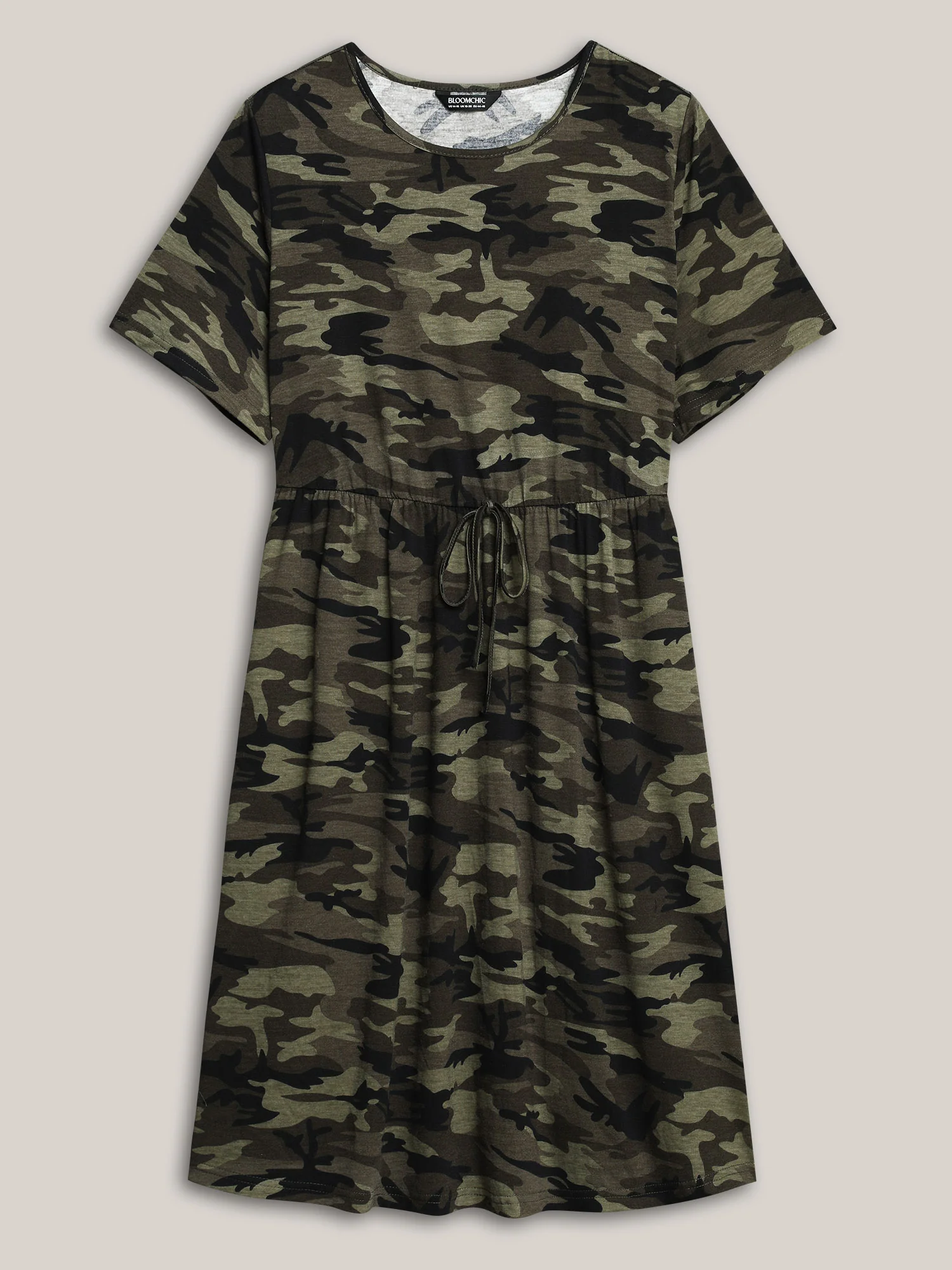 Camouflage Print Round Neck Pockets Midi Dress