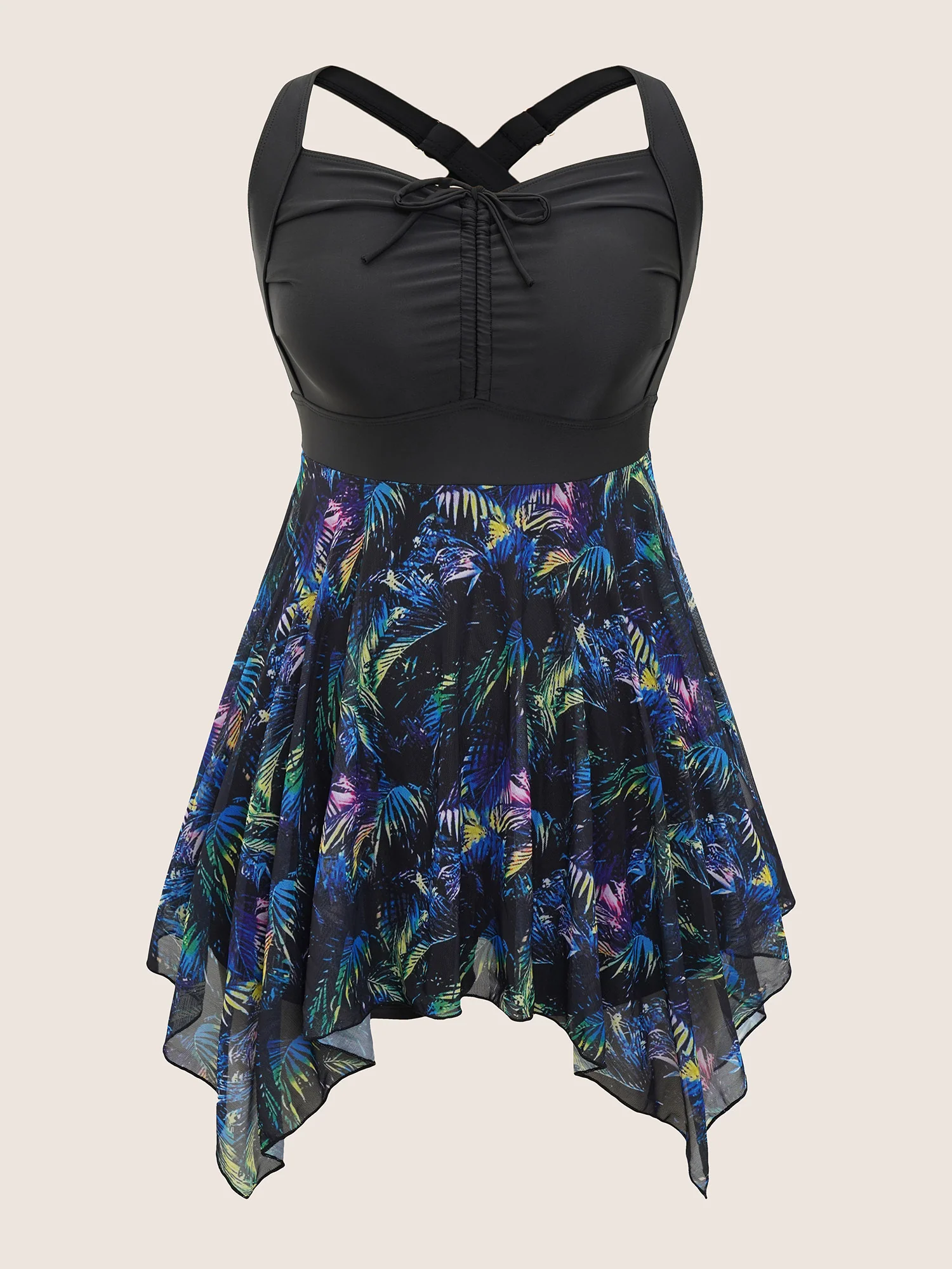 Tropical Ruched Ties Hanky Hem Crisscross Swim Dress