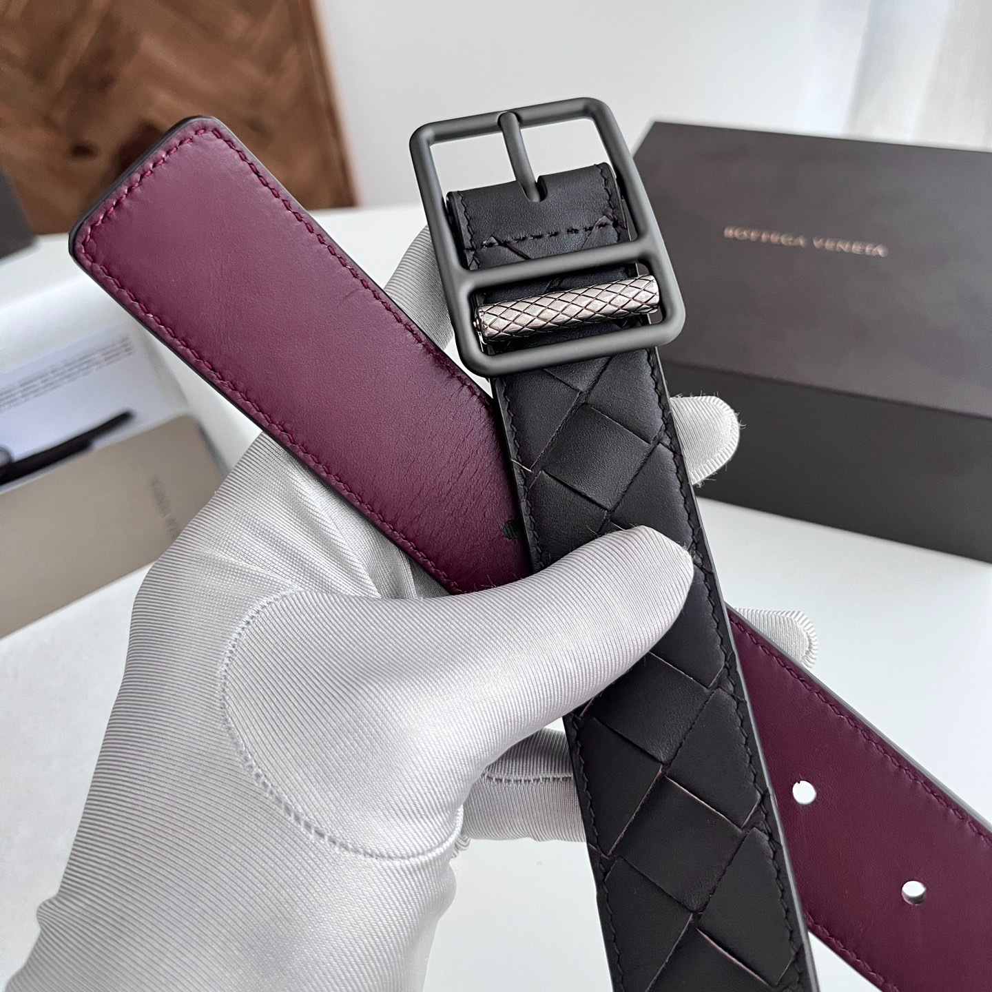 Bottega Veneta woven leather belt with rotating pin buckle, 3.5cm wide