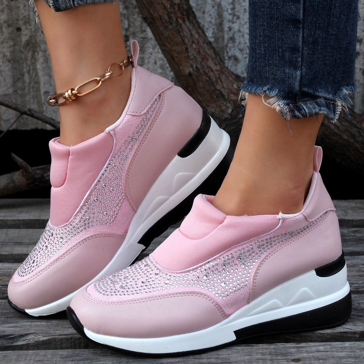 New Rhinestone-Embellished Mesh Wedge High Heel Women's Shoes