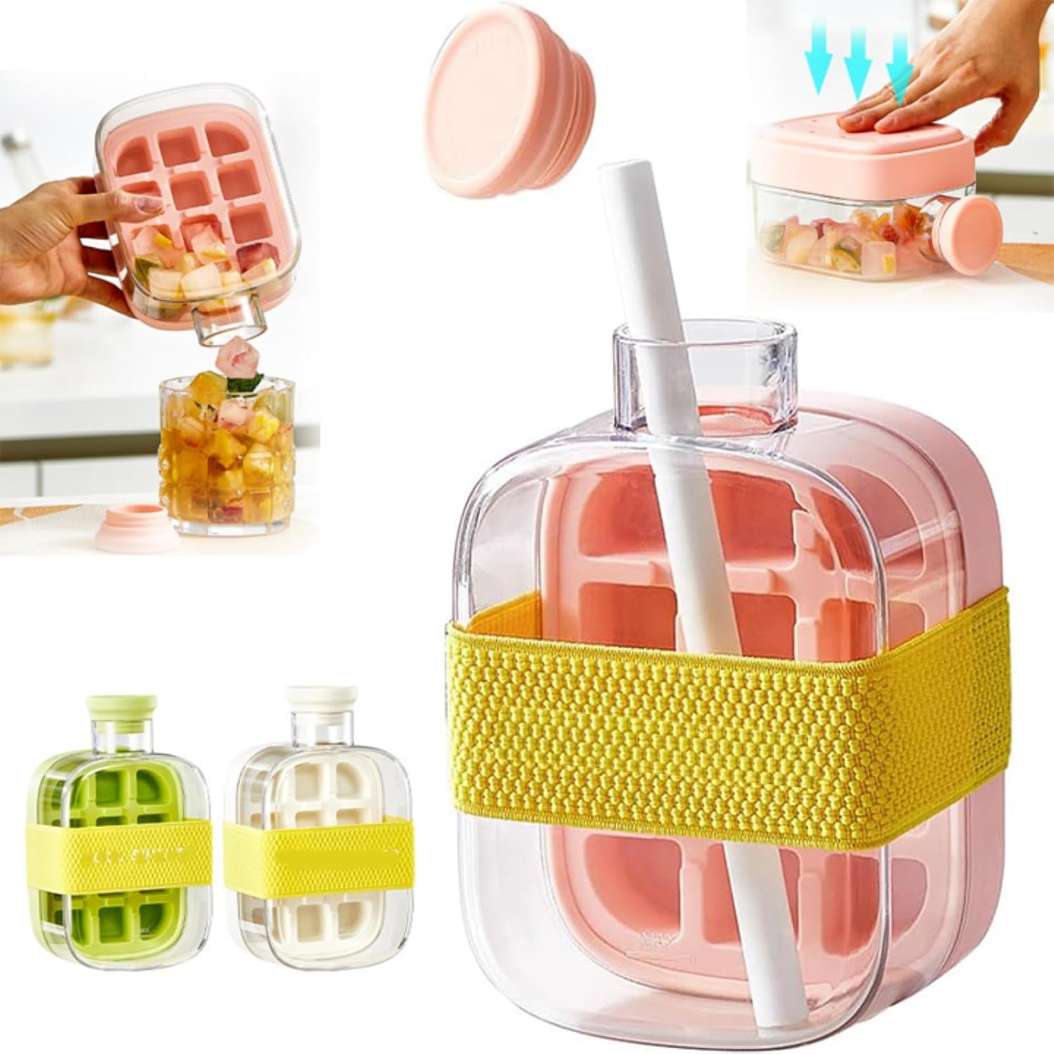 2-in-1 Ice Cube Water Bottle - Freeze & Sip with Touch-Free Release with Lid, Straw & Ice Bin