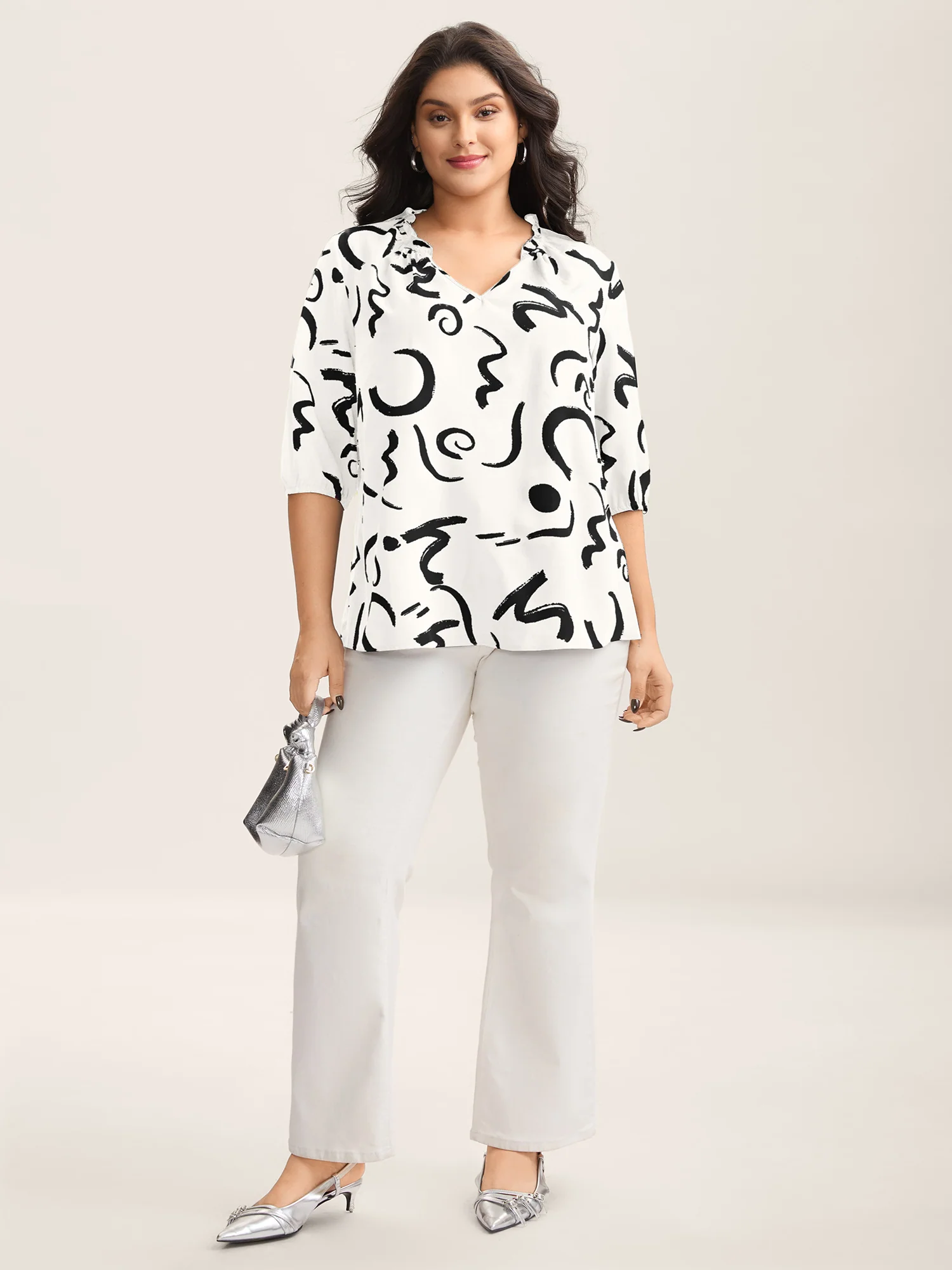 Scribble Print Ruffled Split Neck Blouse