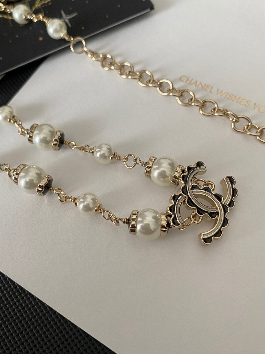 CHAN 24 black enamel lace double c pearl necklace