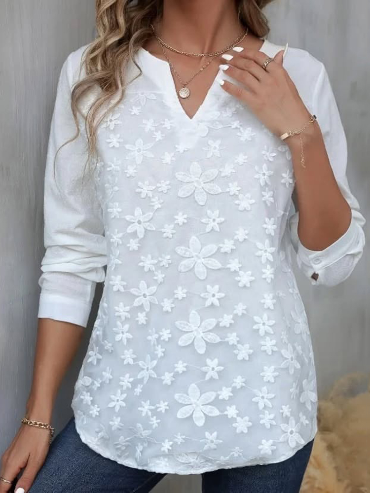 Elegant Lace Embroidery Art Long Sleeve V-neck Shirt