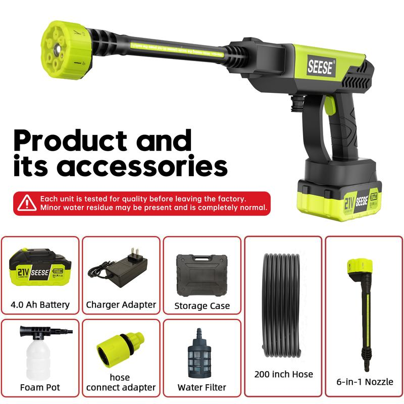 21V Cordless Pressure Washer | 6-in-1 Nozzle & Rechargeable Battery