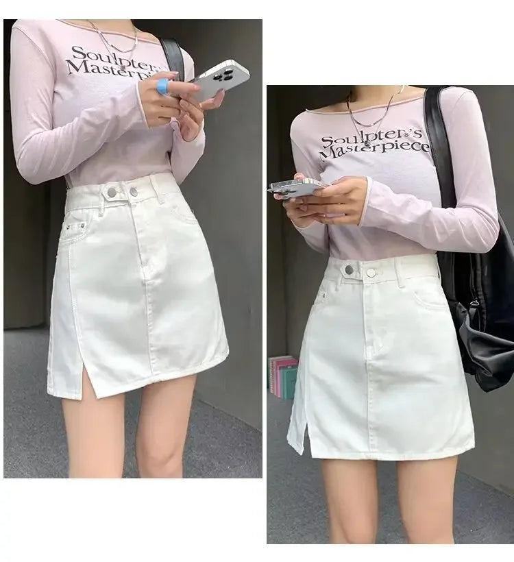 Double Button Denim Mini Skirt