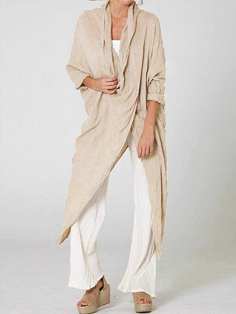 Vintage Linen Blend Long Sleeve Pile Collar Asymmetrical Cardigan