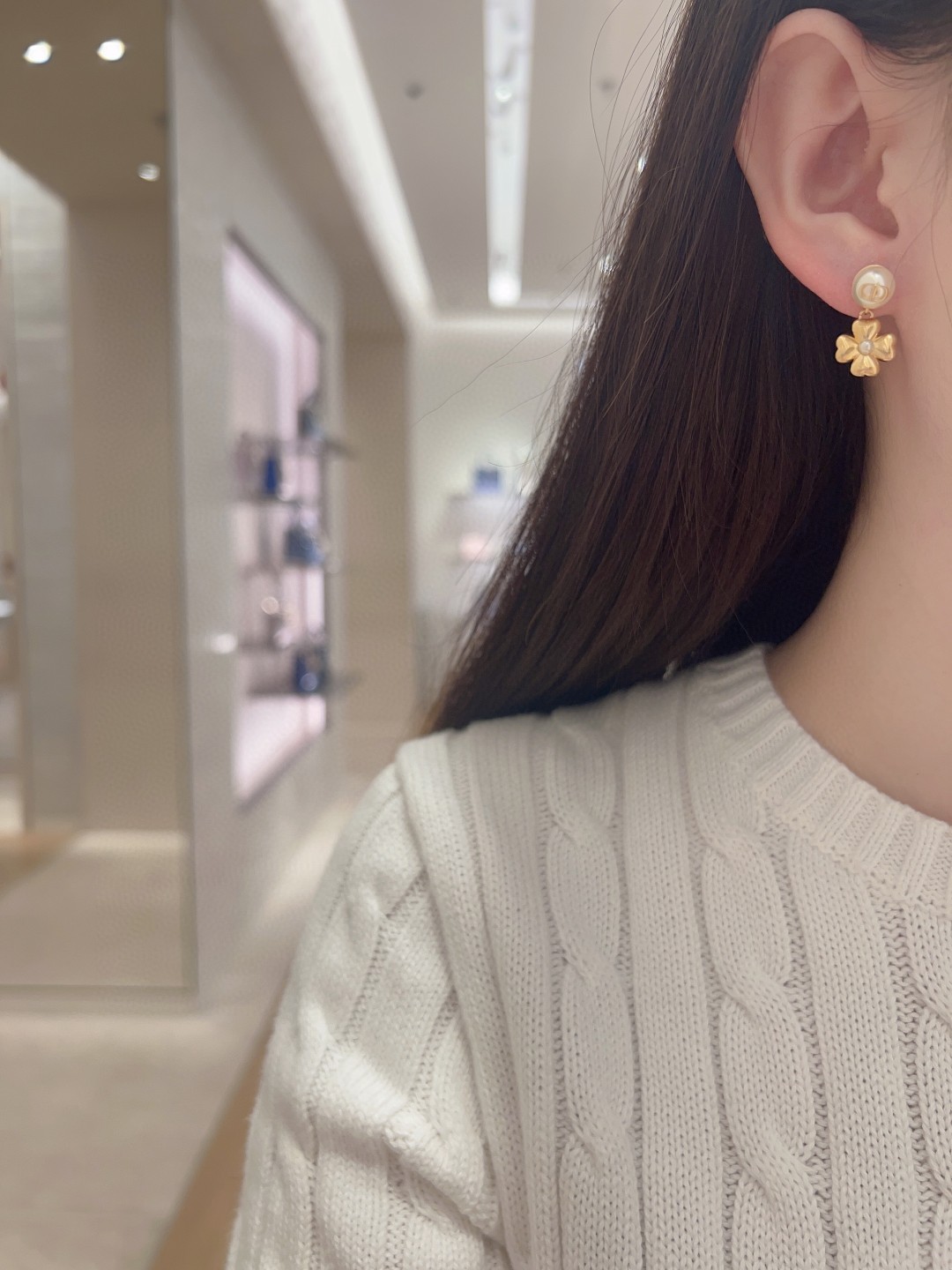 Dior 25 Four Leaf Clover CD Pearl Earrings