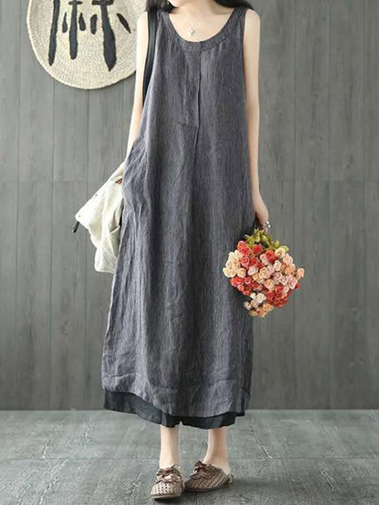 Plaid Sleeveless Casual Maxi Dress