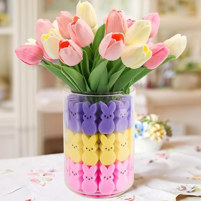 🔥On Sale🔥Easter Sponge Bunnies Vase Filler with Artificial Tulips Flowers