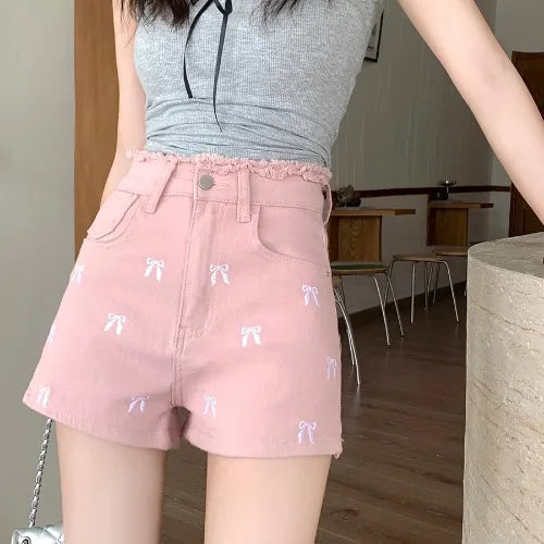 Pretty Bow Embroidered Jean Shorts