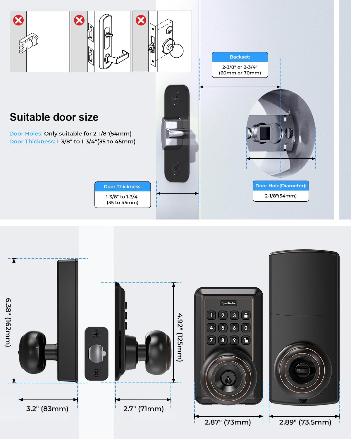 Door Knob with Keypad, Door Lock with Code, Keyless Door Knob, Auto Lock,50 User Code,Waterproof, Easy to Install and Program for Bedroom Garage Office Gate - Oil Rubbed Bronze -ApeStellar
