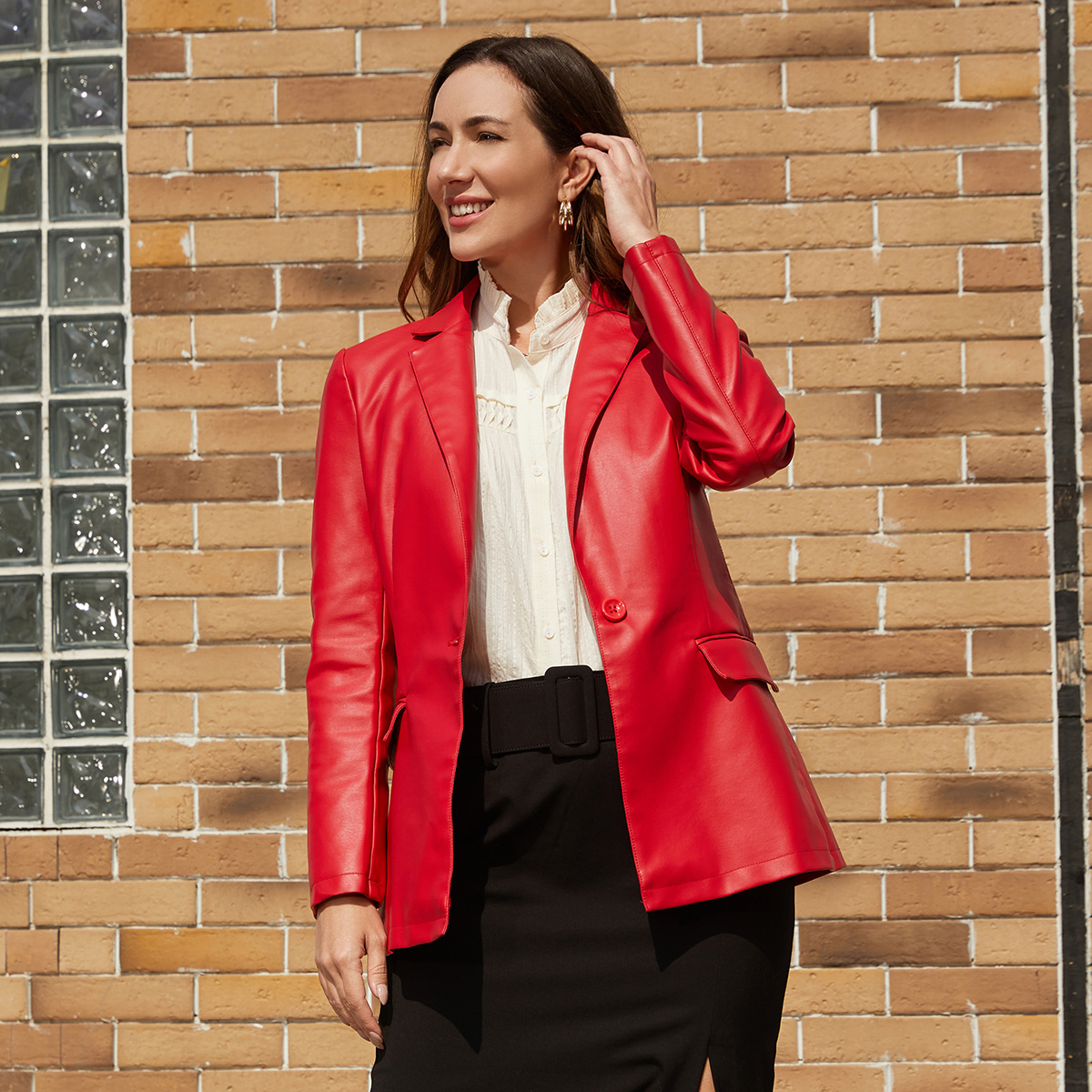 Long sleeved jacket women single button commuter casual leather jacket suit