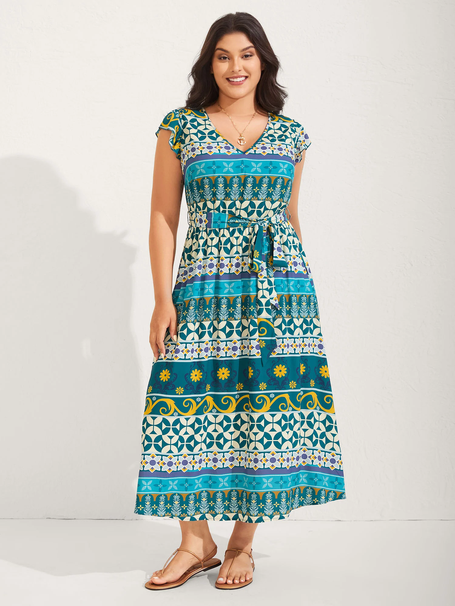Rayon Boho Stretchy Waist Pockets Midi Dress