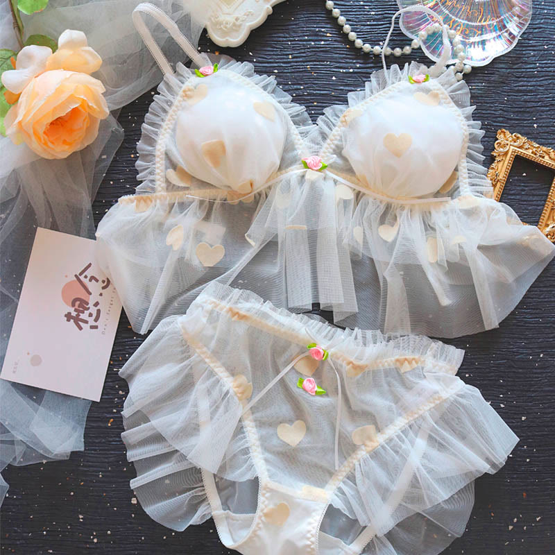 Sexy Lace Heart Print Mesh Lingerie Set