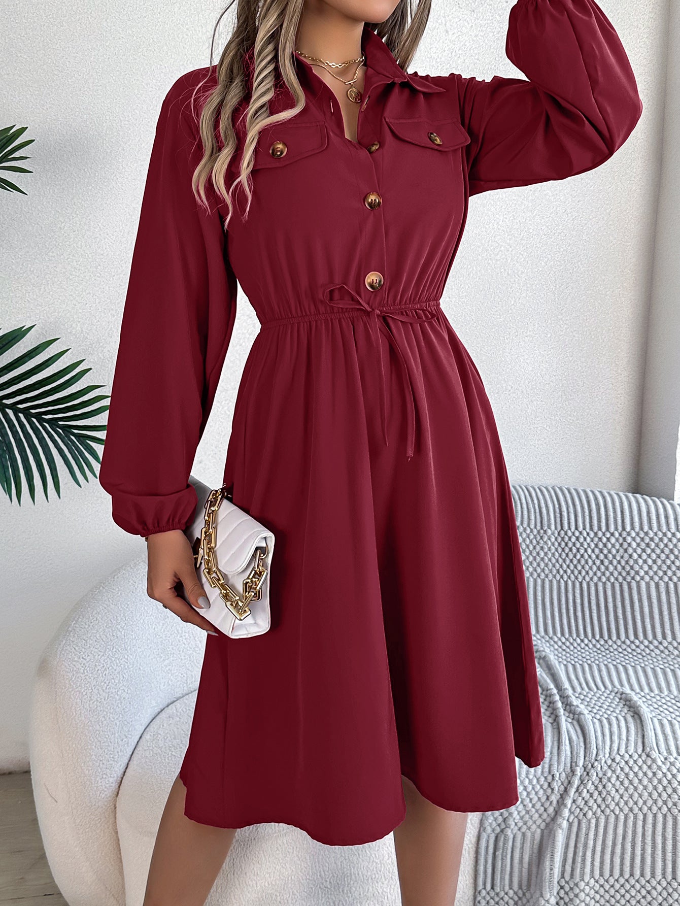 Real Shot Autumn Winter Casual Button Lace up Waist Controlled Long Sleeves Shirt Dress Women Clothing