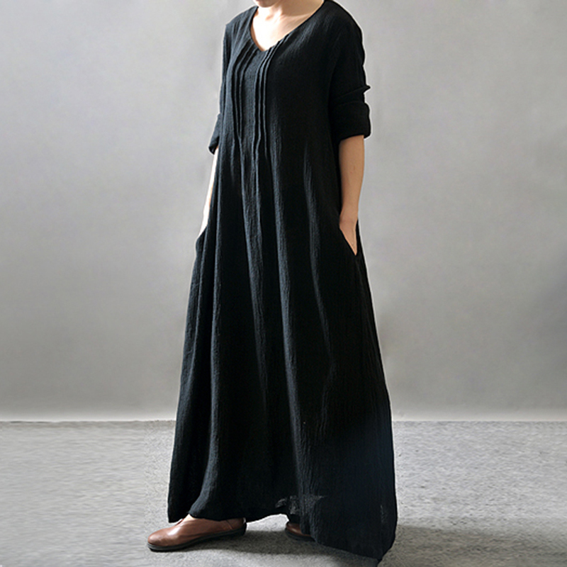 Solid Color Pleat Pocket Casual Maxi Dress