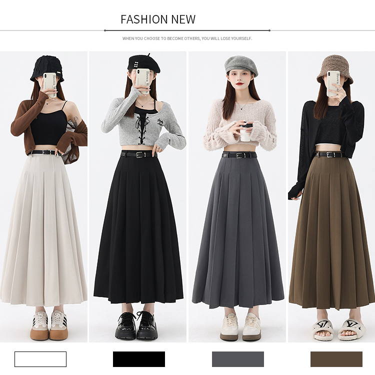 Gray High waist show thin pleated skirt belt suit skirt