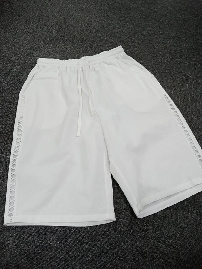 Cotton And Linen Side Lace Hollow Stitching Casual Five-Point Pants