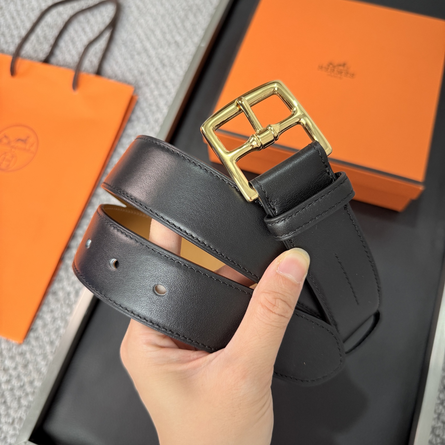 Hermès BoxTogo calfskin double-sided belt 3.2CM wide