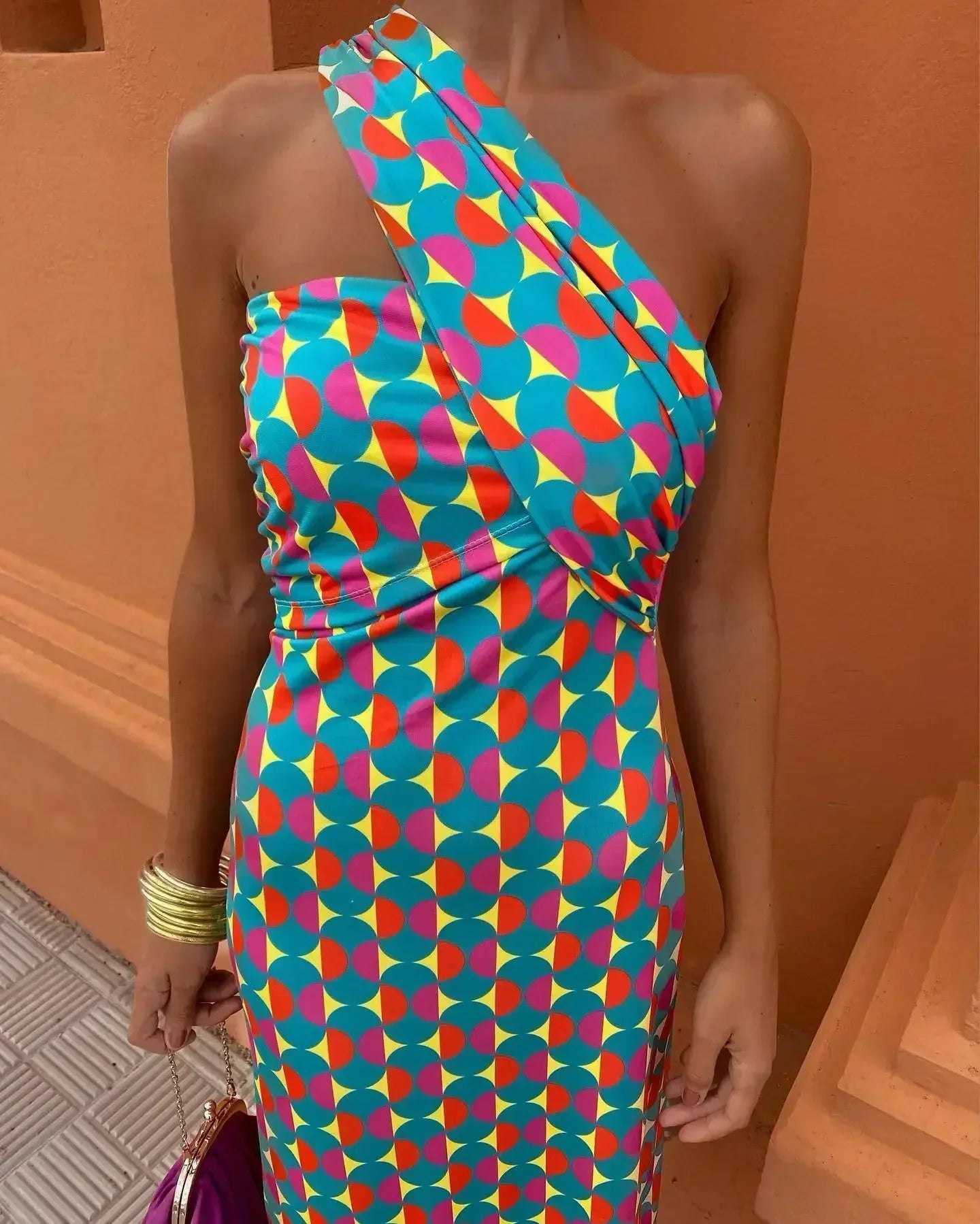 Colorful Asymmetric Neckline Dress