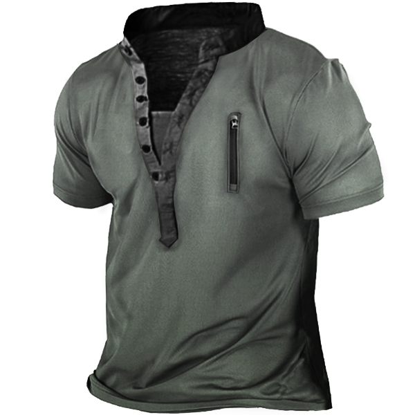 Men's Outdoor Zip Retro Print Tactical Henley Short Sleeve T-Shirt