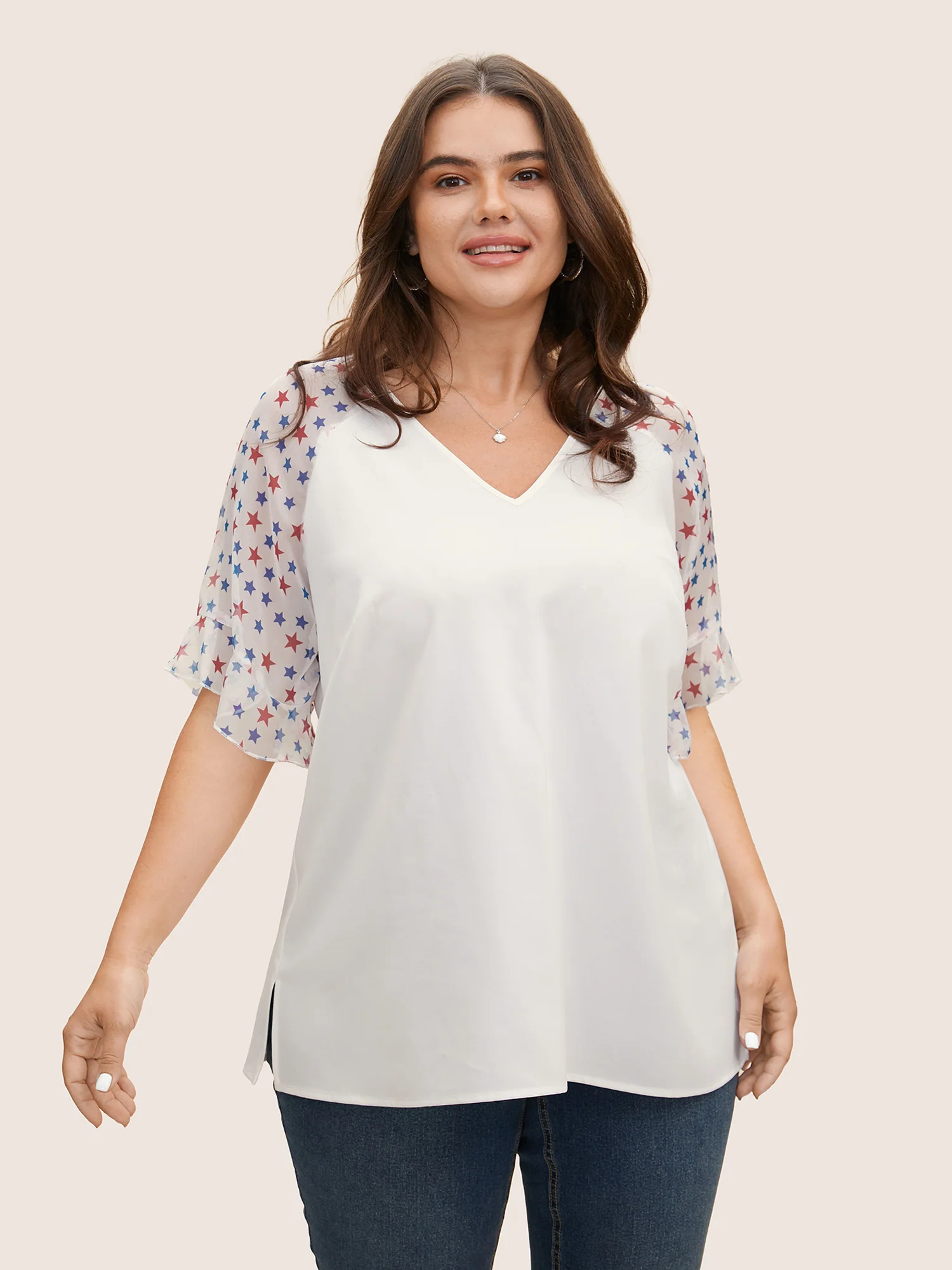 Star & Striped Ruffles Raglan Sleeve Blouse