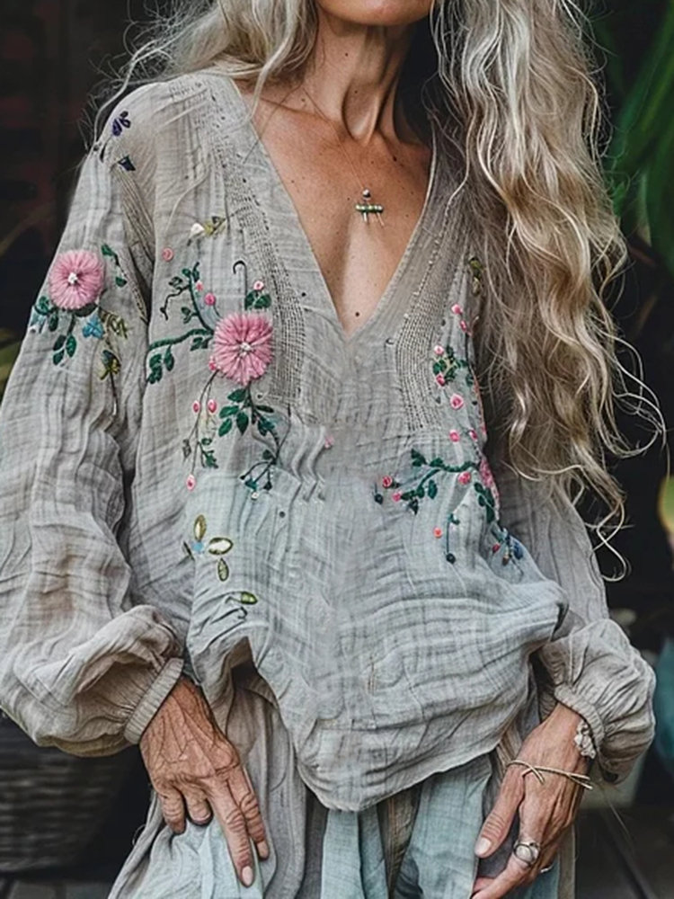 Retro Bohemian Floral Linen Art Print Long Sleeve V-neck Shirt