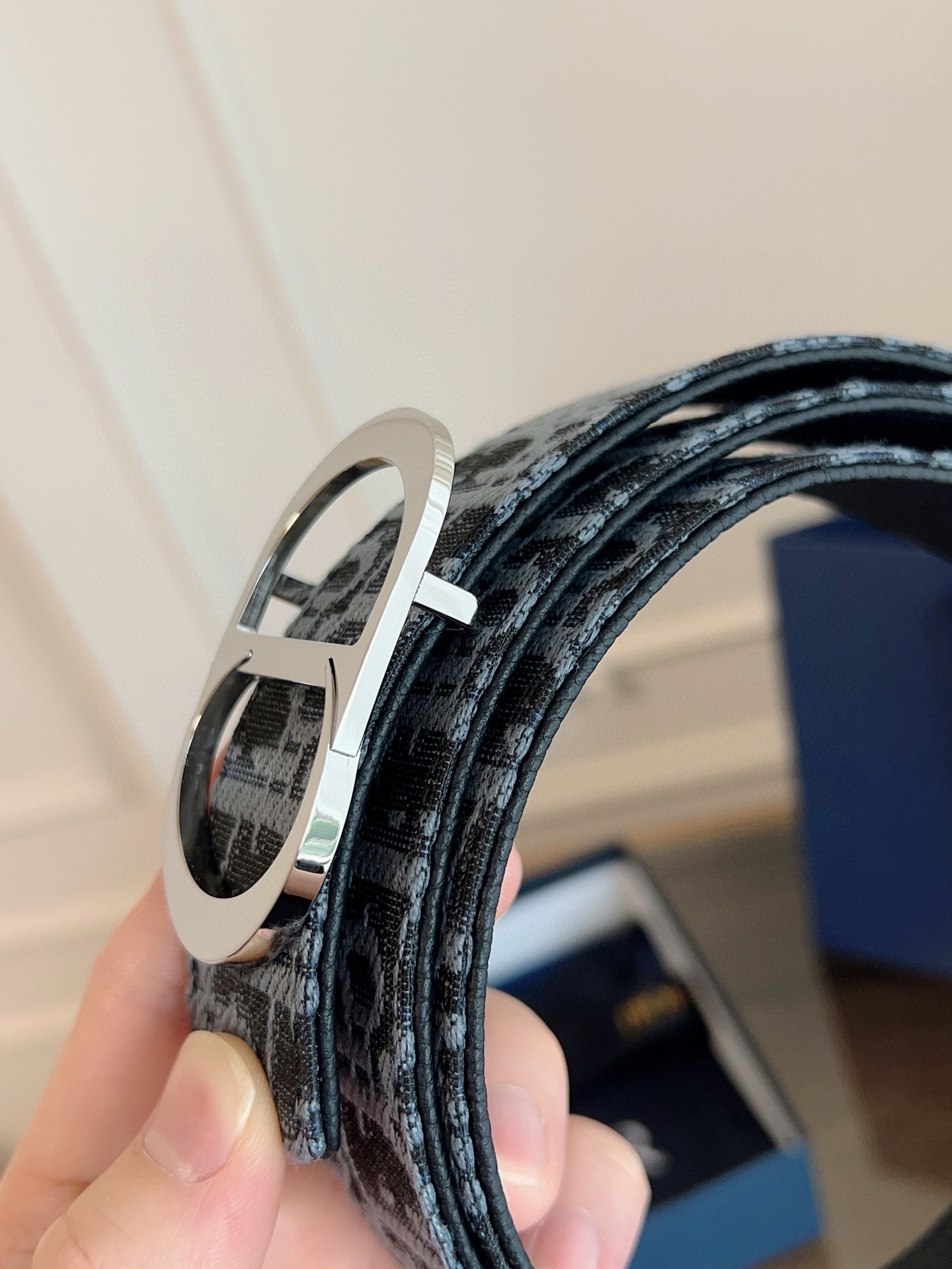 Dior Oblique light blue cloth and black cowhide leather belt width 3.5cm