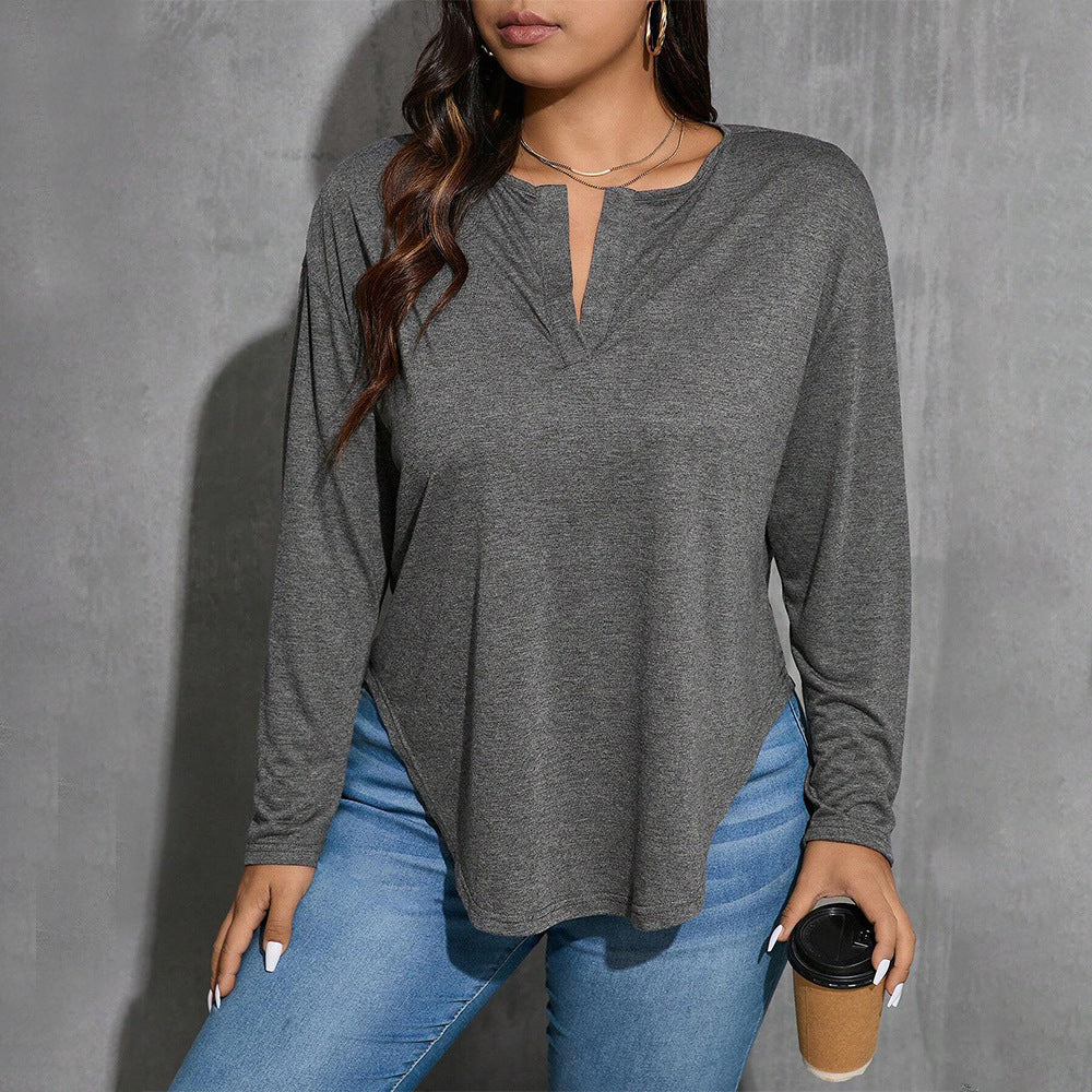 Plus Size Women Clothing V neck Simplicity T shirt Autumn Winter Gray All Match Loose Slimming Bottoming Top