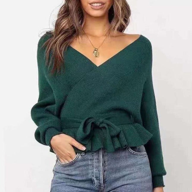 Women's Batwing Coat Knitwear V-neck Exposed Back Bandage Sweater