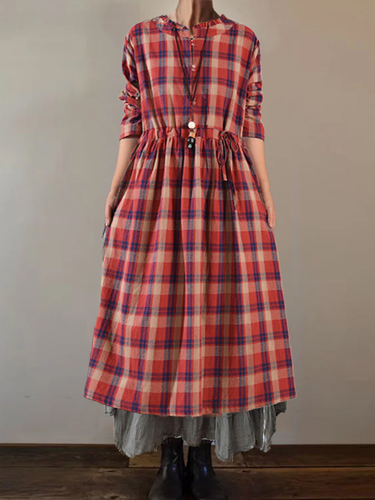 Vintage Plaid Ruffle Hem Drawstring Pleated Maxi Dress
